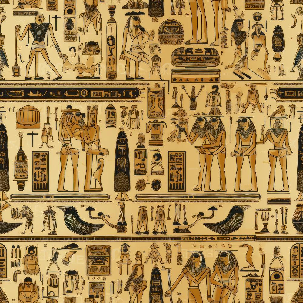 2D Ancient Egypt Pattern 82 Quilting Cotton Fabric with beige and brown colors, ancient Egyptian hieroglyphics, decorative motifs, traditional cultural symbols, vintage textile, cotton material, quilting design, fabric print.