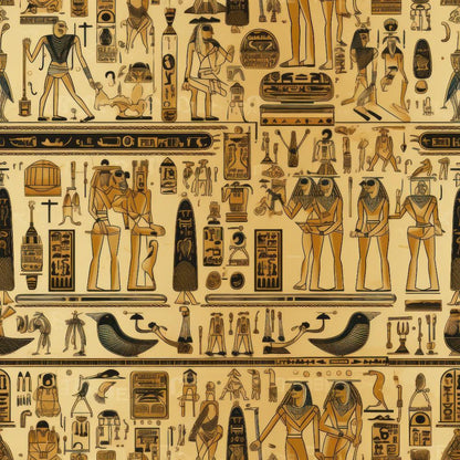 2D Ancient Egypt Pattern 82 Quilting Cotton Fabric with beige and brown colors, ancient Egyptian hieroglyphics, decorative motifs, traditional cultural symbols, vintage textile, cotton material, quilting design, fabric print.