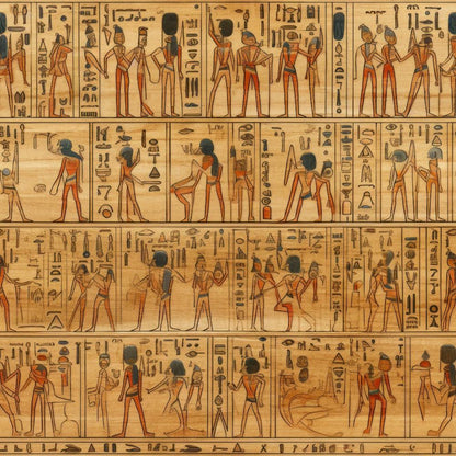 2D Ancient Egypt Pattern 83 Quilting Cotton Fabric featuring tan, brown, black, and red colors with ancient Egyptian figures and hieroglyphs, traditional-themed textile, durable quilting material, cotton cloth yardage, vintage design fabric for quilting and crafts.
