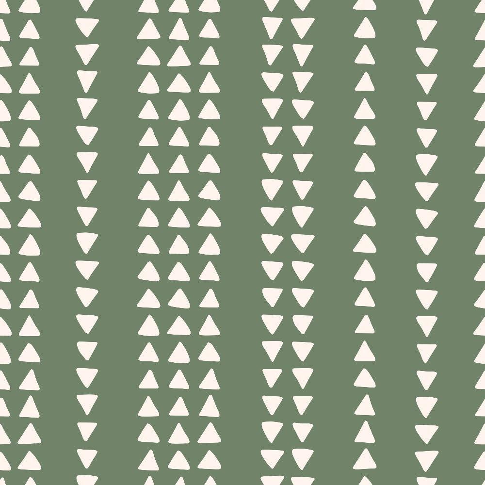 70s Groovy Boho Pattern 4 Quilting Cotton Fabric green background white geometric triangle shapes vertical stripes bohemian vintage style textile quilting cotton yardage premium fabric