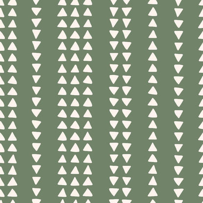 70s Groovy Boho Pattern 4 Quilting Cotton Fabric green background white geometric triangle shapes vertical stripes bohemian vintage style textile quilting cotton yardage premium fabric