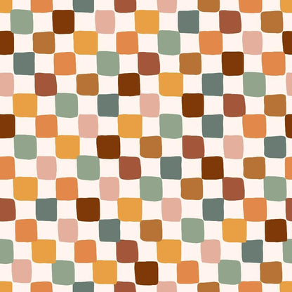 70s Groovy Boho Pattern 8 Quilting Cotton Fabric, quilting cotton fabric, bohemian style, 1970s inspired, groovy retro, squares design, earthy colors, brown, orange, green, beige, soft texture, premium cotton, vintage style textile, craft fabric, sewing material, patchwork cotton, stylish quilting fabric.