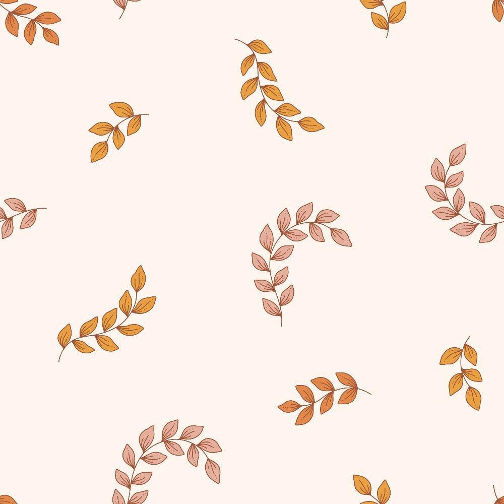 70s Groovy Boho Pattern 9 Quilting Cotton Fabric with beige background, autumn leaves motif, orange and brown colors, floral design, vintage style, retro textile, fabric yardage, soft texture, natural cotton material, bohemian print, decorative cotton fabric for quilting projects.