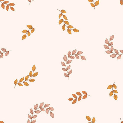 70s Groovy Boho Pattern 9 Quilting Cotton Fabric with beige background, autumn leaves motif, orange and brown colors, floral design, vintage style, retro textile, fabric yardage, soft texture, natural cotton material, bohemian print, decorative cotton fabric for quilting projects.