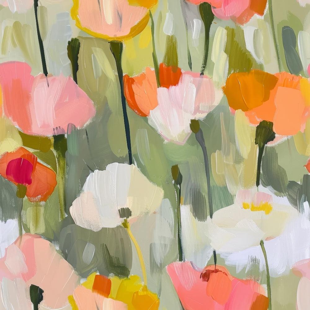 Abstract Poppy Paintings Pattern 2 Quilting Cotton Fabric with floral design, multicolor poppies, orange, pink, white, yellow, green leaves, artistic brushstroke texture, cotton textile, quilting material, botanical motif, soft fabric, premium quilting cotton.