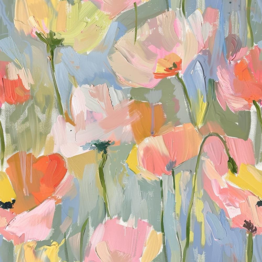 Abstract Poppy Paintings Pattern 6 Quilting Cotton Fabric, floral design, poppies, pastel colors, orange, pink, yellow, green stems, painterly texture, cotton textile, quilting material, artistic pattern, soft fabric surface, botanical theme, decorative cotton fabric.