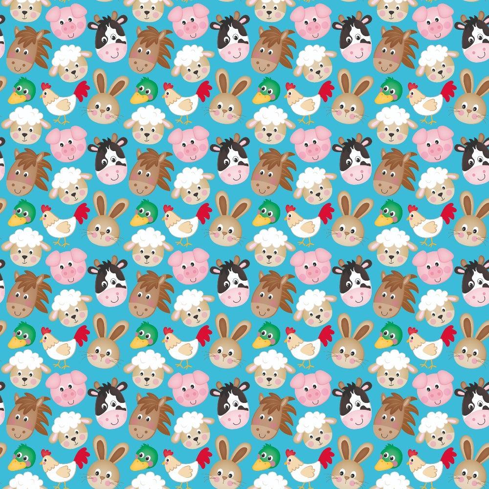 - Cartoon Farm Animals Pattern 2 Quilting Cotton Fabric  
- farm animals  
- cartoon style  
- cute faces  
- bright colors  
- blue background  
- pig, cow, horse, sheep, rabbit, chicken, duck  
- quilting cotton  
- playful design  
- children’s fabric  
- craft material  
- sewing textile