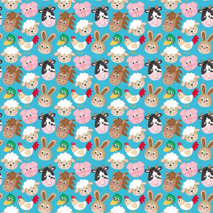 - Cartoon Farm Animals Pattern 2 Quilting Cotton Fabric  
- farm animals  
- cartoon style  
- cute faces  
- bright colors  
- blue background  
- pig, cow, horse, sheep, rabbit, chicken, duck  
- quilting cotton  
- playful design  
- children’s fabric  
- craft material  
- sewing textile