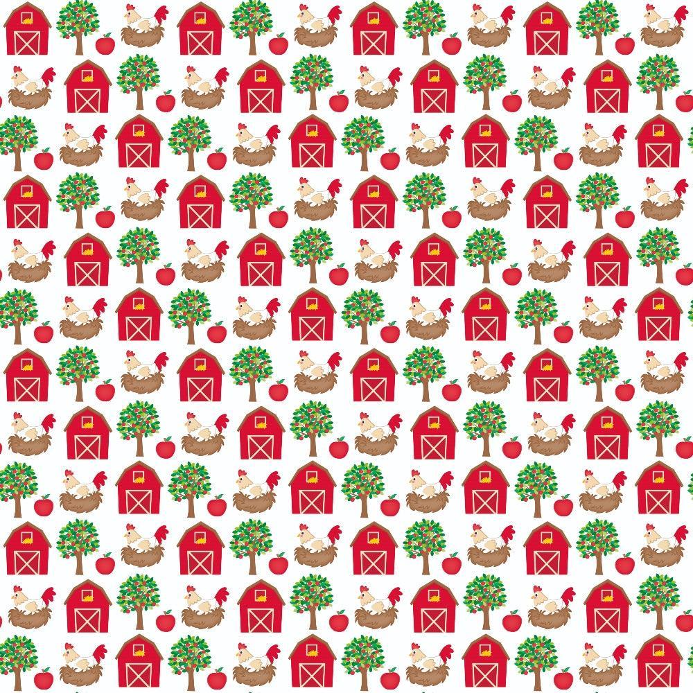 - Cartoon Farm Animals Pattern 3 Quilting Cotton Fabric  
- farm animals, barns, trees, apples  
- red, green, brown, white  
- whimsical, playful, children’s fabric    
- quilting cotton, yardage, sewing material