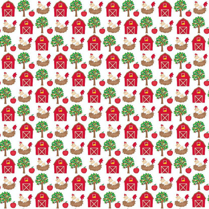 - Cartoon Farm Animals Pattern 3 Quilting Cotton Fabric  
- farm animals, barns, trees, apples  
- red, green, brown, white  
- whimsical, playful, children’s fabric    
- quilting cotton, yardage, sewing material