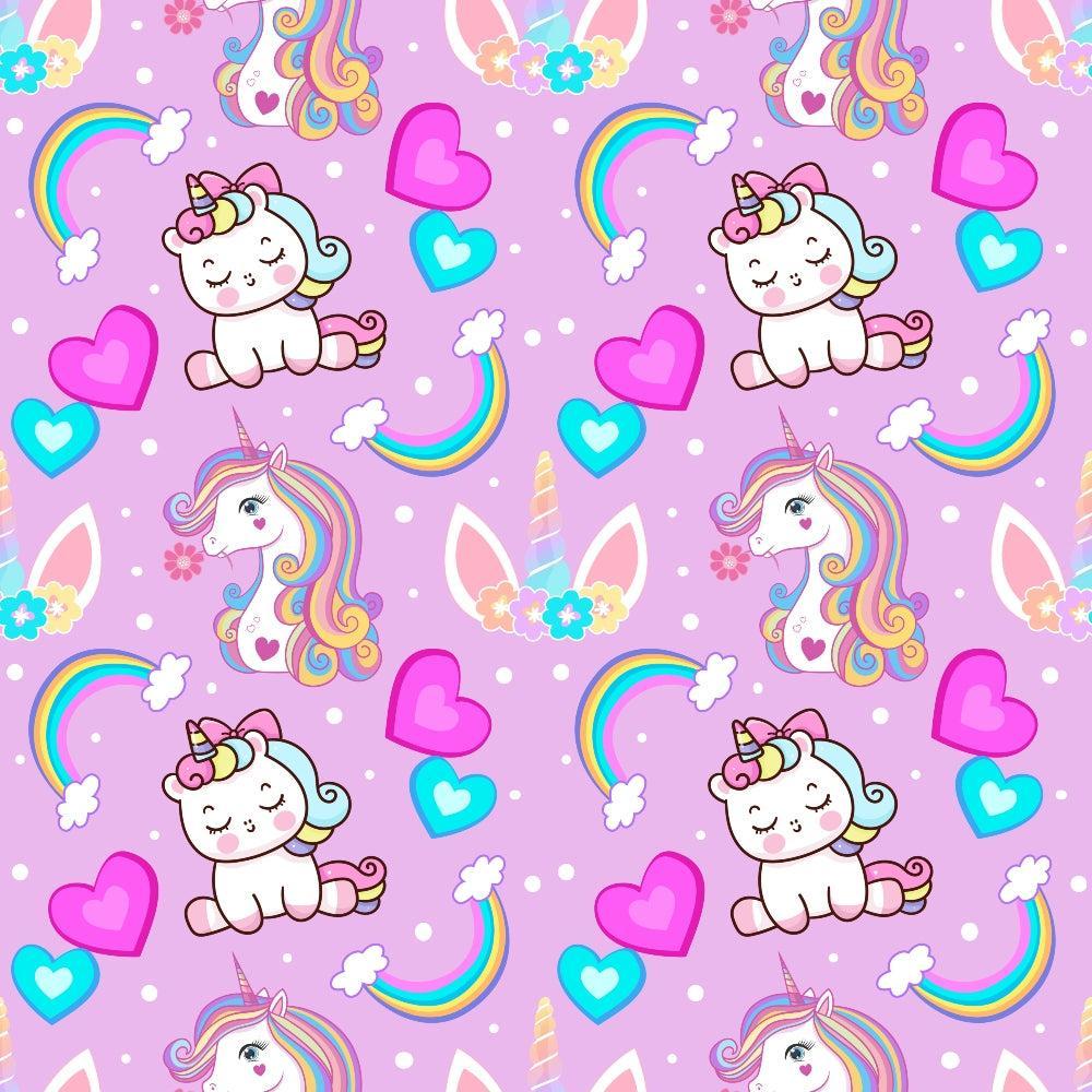 - Cartoon Unicorns Pattern 1 Quilting Cotton Fabric  
- Lavender background  
- White unicorns  
- Rainbow elements  
- Pink hearts  
- Blue hearts  
- Pastel colors  
- Cute animals  
- Fantasy design  
- Quilting cotton  
- Kid-friendly fabric  
- Whimsical  
- Soft texture  
- Playful motif  
- Repeating illustrations