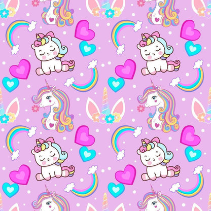 - Cartoon Unicorns Pattern 1 Quilting Cotton Fabric  
- Lavender background  
- White unicorns  
- Rainbow elements  
- Pink hearts  
- Blue hearts  
- Pastel colors  
- Cute animals  
- Fantasy design  
- Quilting cotton  
- Kid-friendly fabric  
- Whimsical  
- Soft texture  
- Playful motif  
- Repeating illustrations
