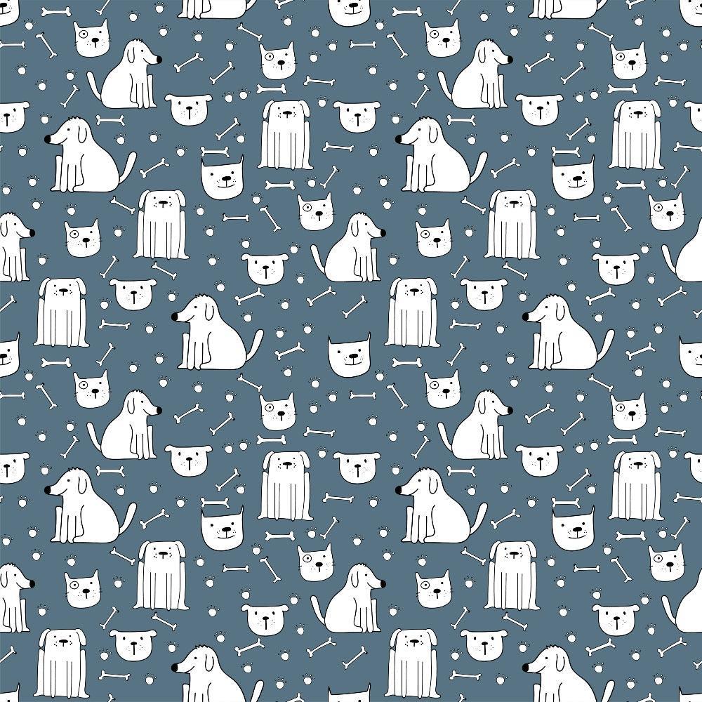 - Cute Dogs Pattern 5 Quilting Cotton Fabric  
- Blue background  
- White dog illustrations  
- Dog faces and full body dogs  
- Cartoon style  
- Bone shapes  
- Polka dots  
- Quilting material  
- Soft texture  
- Cotton fabric  
- Repetitive design  
- Textile yardage