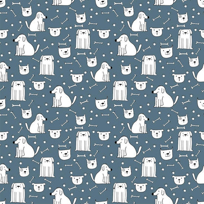 - Cute Dogs Pattern 5 Quilting Cotton Fabric  
- Blue background  
- White dog illustrations  
- Dog faces and full body dogs  
- Cartoon style  
- Bone shapes  
- Polka dots  
- Quilting material  
- Soft texture  
- Cotton fabric  
- Repetitive design  
- Textile yardage