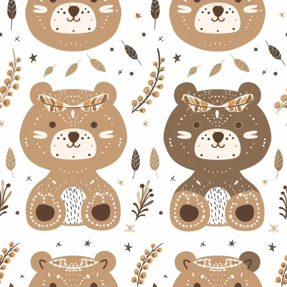 Seamless pattern featuring cartoon bears in brown and tan, each with white cheeks and simple facial features, surrounded by leaves, twigs, and small decorative elements on a white background.