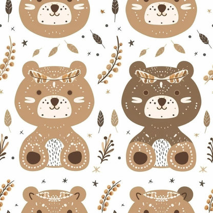 Seamless pattern featuring cartoon bears in brown and tan, each with white cheeks and simple facial features, surrounded by leaves, twigs, and small decorative elements on a white background.