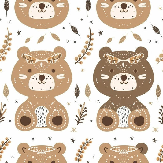 Seamless pattern featuring cartoon bears in brown and tan, each with white cheeks and simple facial features, surrounded by leaves, twigs, and small decorative elements on a white background.
