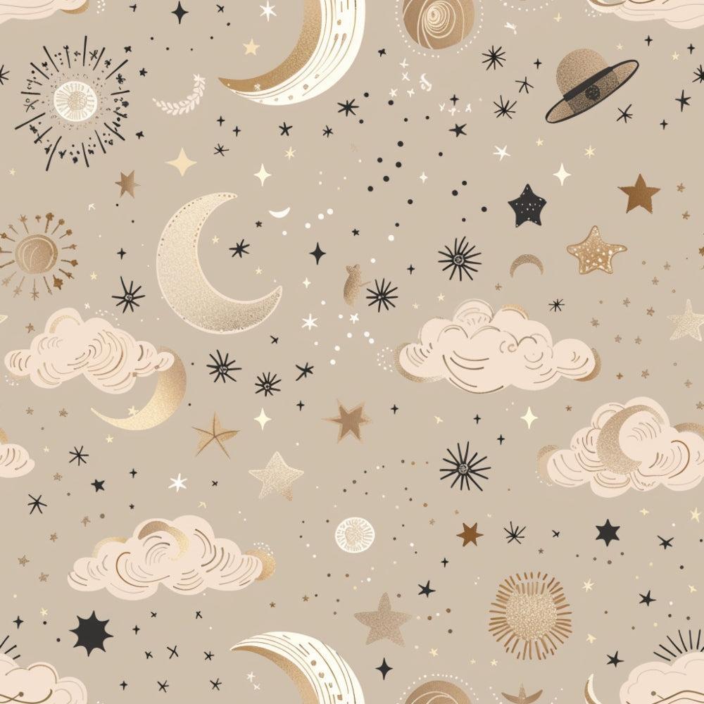 - Neutral Newborn Pattern 9 Quilting Cotton Fabric  
- beige, tan, cream, black  
- celestial, moon, stars, clouds  
- space, sun, sky, night  
- quilting, cotton, soft, lightweight  
- baby, nursery, gentle, cozy  
- whimsical, decorative, fabric yardage