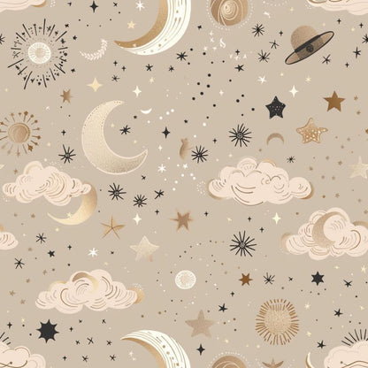 - Neutral Newborn Pattern 9 Quilting Cotton Fabric  
- beige, tan, cream, black  
- celestial, moon, stars, clouds  
- space, sun, sky, night  
- quilting, cotton, soft, lightweight  
- baby, nursery, gentle, cozy  
- whimsical, decorative, fabric yardage