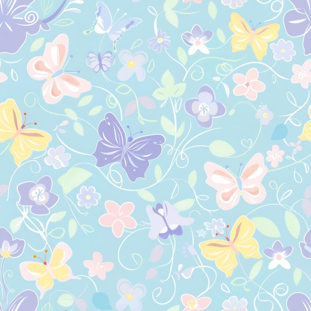• Pastel Spring Pattern 8 Quilting Cotton Fabric • butterflies • floral • spring • pastel colors • yellow • pink • lavender • light blue • green leaves • delicate • soft • cotton • quilting fabric • decorative • nature-inspired • gentle hues • seamless design • feminine • light