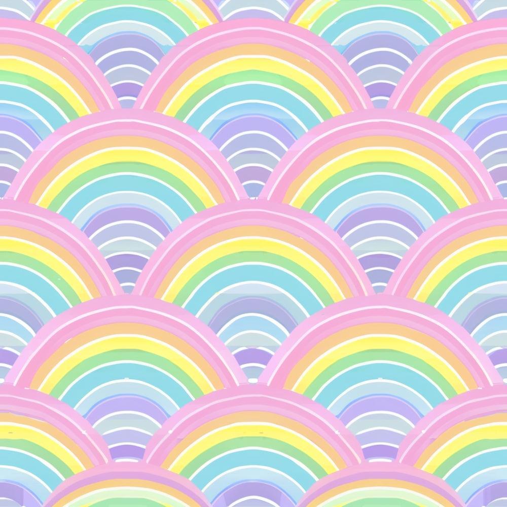 - Pastel Spring Pattern 19 Quilting Cotton Fabric  
- pastel colors  
- rainbow motif  
- scalloped design  
- soft hues  
- spring theme  
- cotton textile  
- quilting material  
- layered arches  
- light purple  
- baby blue  
- pale yellow  
- mint green  
- gentle pink  
- sewing fabric  
- continuous yardage  
- decorative cut textile