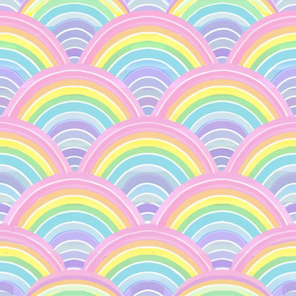 - Pastel Spring Pattern 19 Quilting Cotton Fabric  
- pastel colors  
- rainbow motif  
- scalloped design  
- soft hues  
- spring theme  
- cotton textile  
- quilting material  
- layered arches  
- light purple  
- baby blue  
- pale yellow  
- mint green  
- gentle pink  
- sewing fabric  
- continuous yardage  
- decorative cut textile