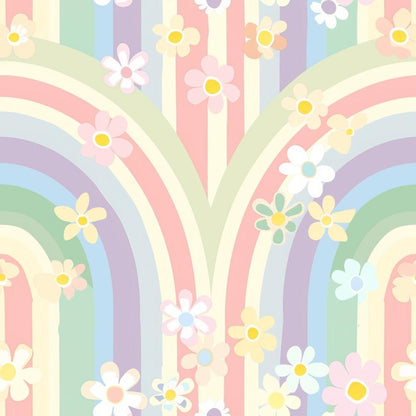 Pastel Spring Pattern 24 Quilting Cotton Fabric, pastel colors, soft pink, light yellow, mint green, lavender, baby blue, floral motifs, daisies, spring theme, cotton textile, quilting fabric, gentle stripes, whimsical, delicate design, fabric yardage, continuous print, smooth texture, crafted in USA, sewing material, craft fabric, gentle hues, light tones, charming, creative projects.