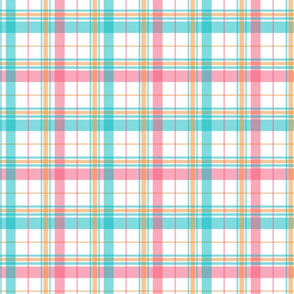 - Plaid for Summer Pattern 14 Quilting Cotton Fabric  
- Cotton fabric  
- Quilting material  
- Plaid design  
- Summer colors  
- Pastel plaid  
- Blue and pink stripes  
- Orange accents  
- Light and airy textile  
- Soft cotton fabric
