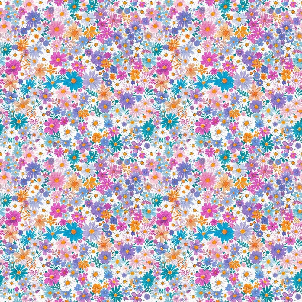 - Charm Keeper Pattern 6 Quilting Cotton Fabric  
- Floral design  
- Multicolor flowers  
- Pink, purple, orange, teal, white  
- Small to medium flower clusters  
- Quilting fabric  
- Cotton material  
- Spring inspired  
- Vibrant colors  
- Decorative textile