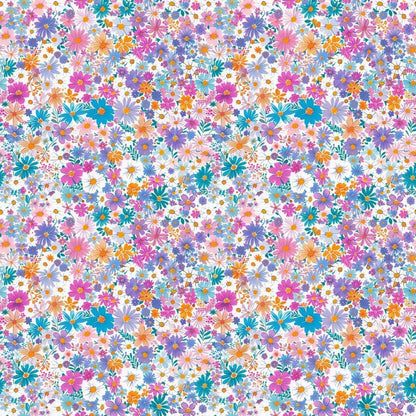 - Charm Keeper Pattern 6 Quilting Cotton Fabric  
- Floral design  
- Multicolor flowers  
- Pink, purple, orange, teal, white  
- Small to medium flower clusters  
- Quilting fabric  
- Cotton material  
- Spring inspired  
- Vibrant colors  
- Decorative textile