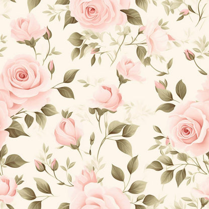 • Shabby Chic Roses Pattern 4 Quilting Cotton Fabric • floral design • soft pink roses • delicate green leaves • vintage style • cotton textile • quilting material • elegant floral print • natural tones • shabby chic aesthetic