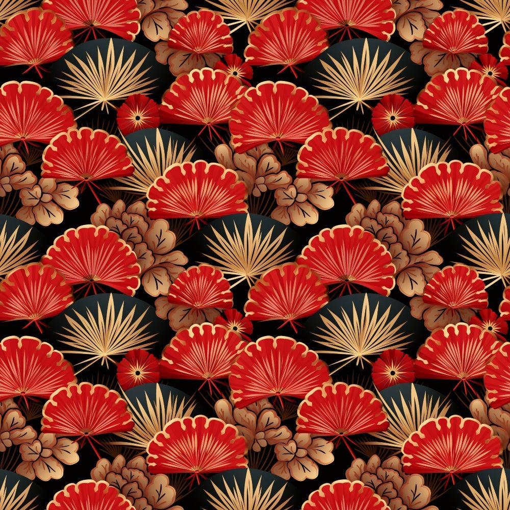 - Chinese Lunar Lantern Lights Pattern 8 Quilting Cotton Fabric - red, gold, black - floral, fan shapes, tropical leaves - decorative, ornate, elegant - textile, quilting, sewing, crafts, cotton material - vibrant, rich colors, Asian-inspired design