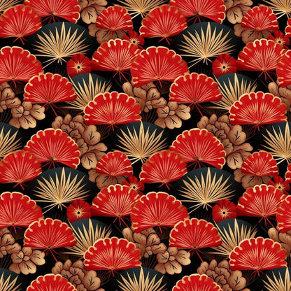 - Chinese Lunar Lantern Lights Pattern 8 Quilting Cotton Fabric - red, gold, black - floral, fan shapes, tropical leaves - decorative, ornate, elegant - textile, quilting, sewing, crafts, cotton material - vibrant, rich colors, Asian-inspired design