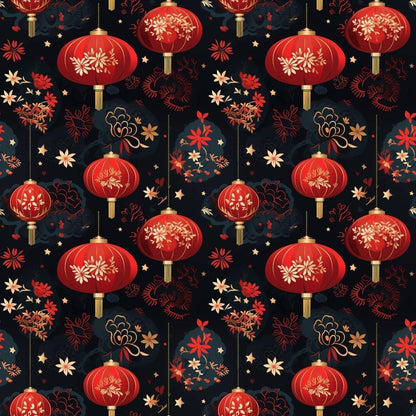 • Chinese Lunar Lantern Lights Pattern 12 Quilting Cotton Fabric • red lanterns • floral motifs • dark background • Asian-inspired design • quilting material • cotton textile • decorative print • traditional style • warm colors • craft fabric