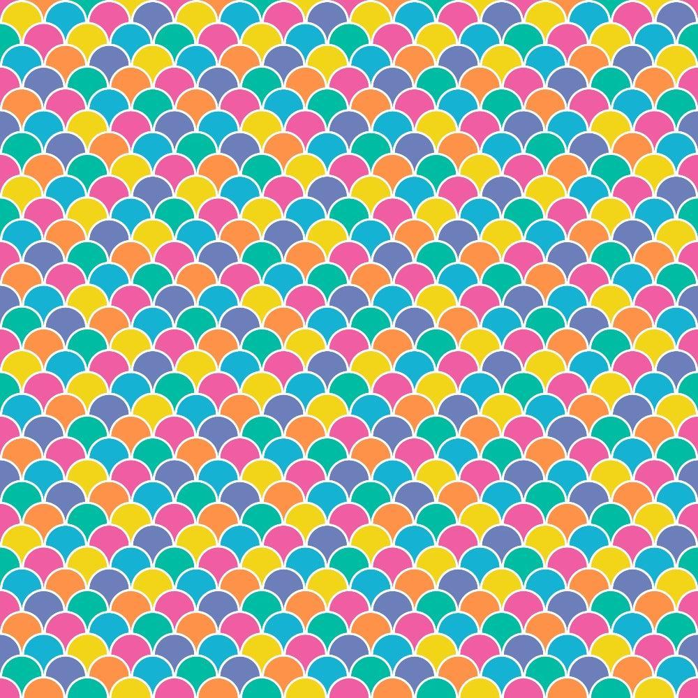 - Summer Rainbow Pattern 2 Quilting Cotton Fabric  
- scallop shapes  
- vibrant colors  
- blue  
- pink  
- yellow  
- orange  
- teal  
- cotton material  
- quilting design  
- colorful textile  
- cheerful fabric  
- craft supply