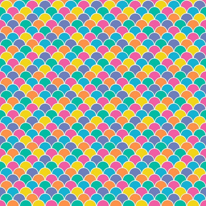 - Summer Rainbow Pattern 2 Quilting Cotton Fabric  
- scallop shapes  
- vibrant colors  
- blue  
- pink  
- yellow  
- orange  
- teal  
- cotton material  
- quilting design  
- colorful textile  
- cheerful fabric  
- craft supply