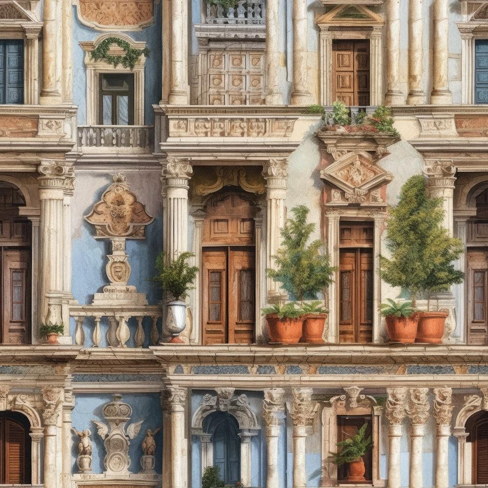 - Classical Facade Pattern 6 Quilting Cotton Fabric  
- architectural design  
- classical buildings  
- columns  
- decorative elements  
- vintage style  
- beige, brown, blue tones  
- terracotta pots  
- greenery accents  
- cotton quilting fabric  
- textile yardage  
- ornamental facade