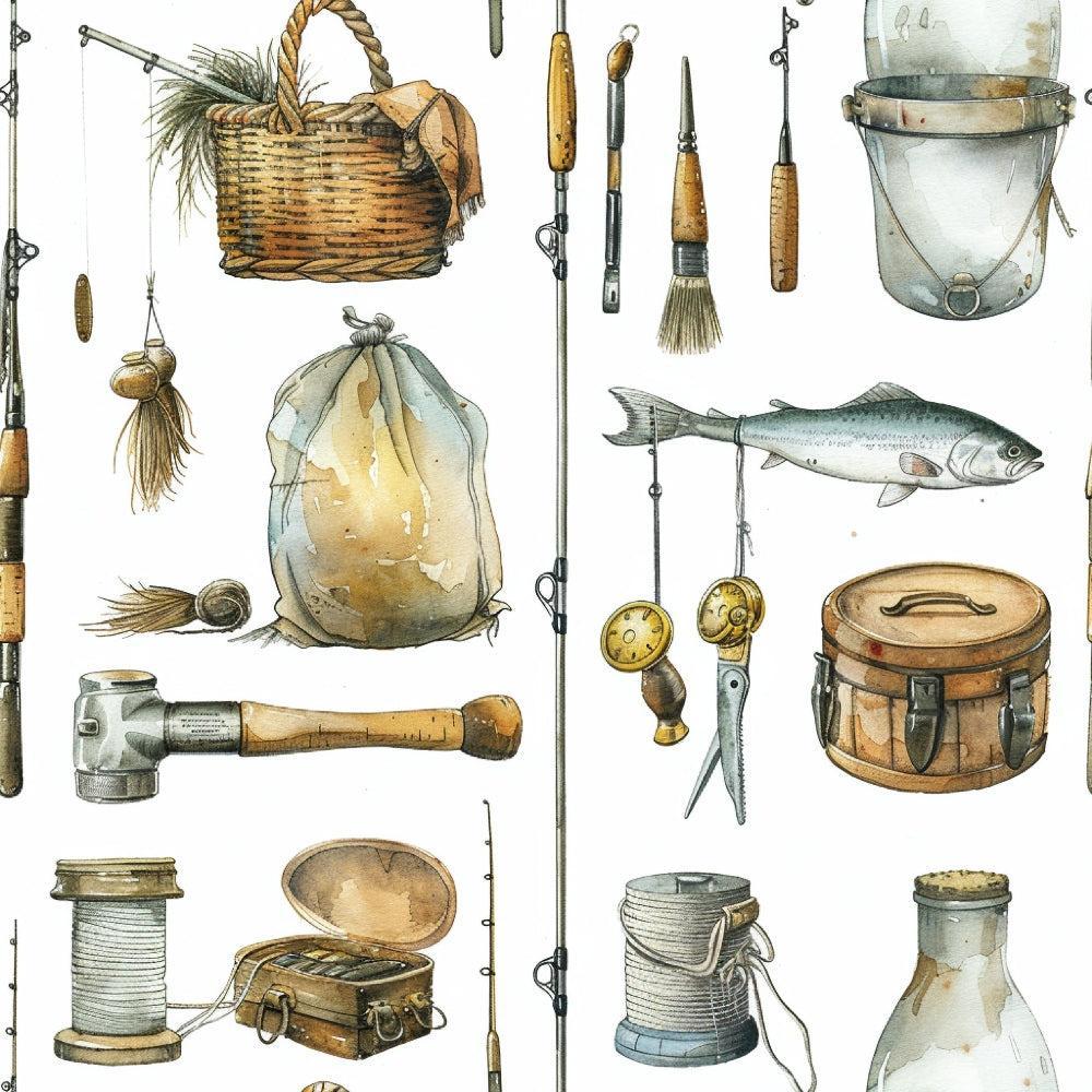 - The Fishing Trip Pattern 3 Quilting Cotton Fabric  
- Fishing gear  
- Fishing rods  
- Basket  
- Tackle box  
- Fish  
- Hook  
- Line spool  
- Bucket  
- Cotton fabric  
- Quilting fabric  
- Light brown  
- Beige  
- Gray  
- Outdoor theme  
- Vintage style  
- Nature inspired