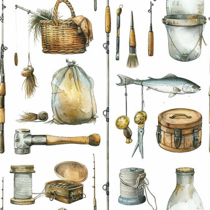 - The Fishing Trip Pattern 3 Quilting Cotton Fabric  
- Fishing gear  
- Fishing rods  
- Basket  
- Tackle box  
- Fish  
- Hook  
- Line spool  
- Bucket  
- Cotton fabric  
- Quilting fabric  
- Light brown  
- Beige  
- Gray  
- Outdoor theme  
- Vintage style  
- Nature inspired