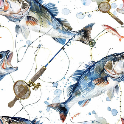A seamless pattern featuring illustrated fish, fishing rods, and nets, with splashes of blue watercolor throughout the background. The fish are depicted in various poses and sizes, giving a dynamic, aquatic feel.