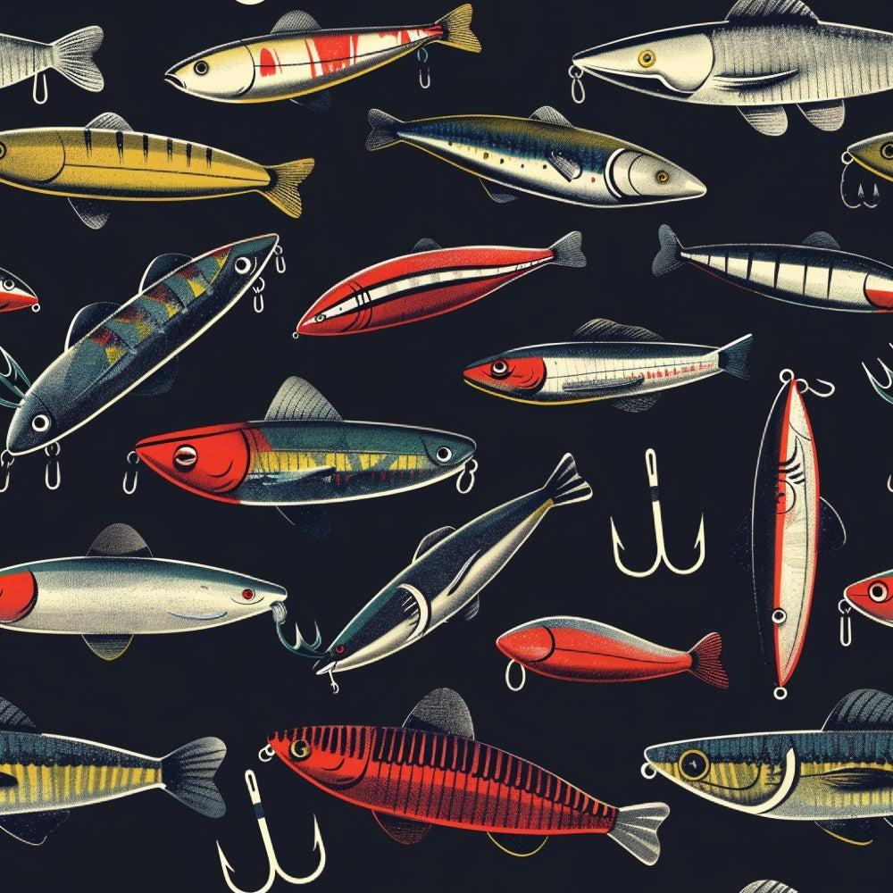 - The Fishing Trip Pattern 7 Quilting Cotton Fabric  
- fishing lure design  
- multicolor fish shapes  
- dark background  
- vintage style  
- quilting cotton fabric  
- outdoor theme  
- craft fabric  
- blue, red, gold, silver hues  
- needlework material