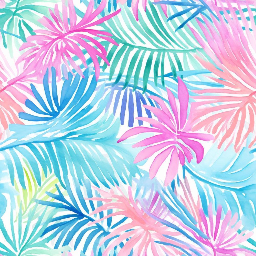 - Tropical Leaves Pattern 4 Quilting Cotton Fabric  
- Tropical foliage  
- Leaves design  
- Cotton textile  
- Quilting material  
- Pink, blue, purple, teal colors  
- Botanical print  
- Leafy motifs  
- Soft fabric  
- Colorful nature-inspired
