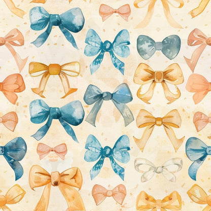 - Watercolor Baby Pattern 6 Quilting Cotton Fabric - bows - ribbons - blue - orange - peach - cream - soft tones - delicate - baby theme - quilting - cotton - textile - seamless - decorative - handcrafted - painted - fabric design