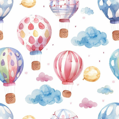 - Watercolor Baby Pattern 8 Quilting Cotton Fabric  
- hot air balloons  
- pastel colors  
- soft blue clouds  
- pink, red, yellow, purple shades  
- whimsical  
- cotton textile  
- nursery design  
- delicate prints  
- child-friendly  
- quilting material  
- airy  
- light pattern  
- playful elements