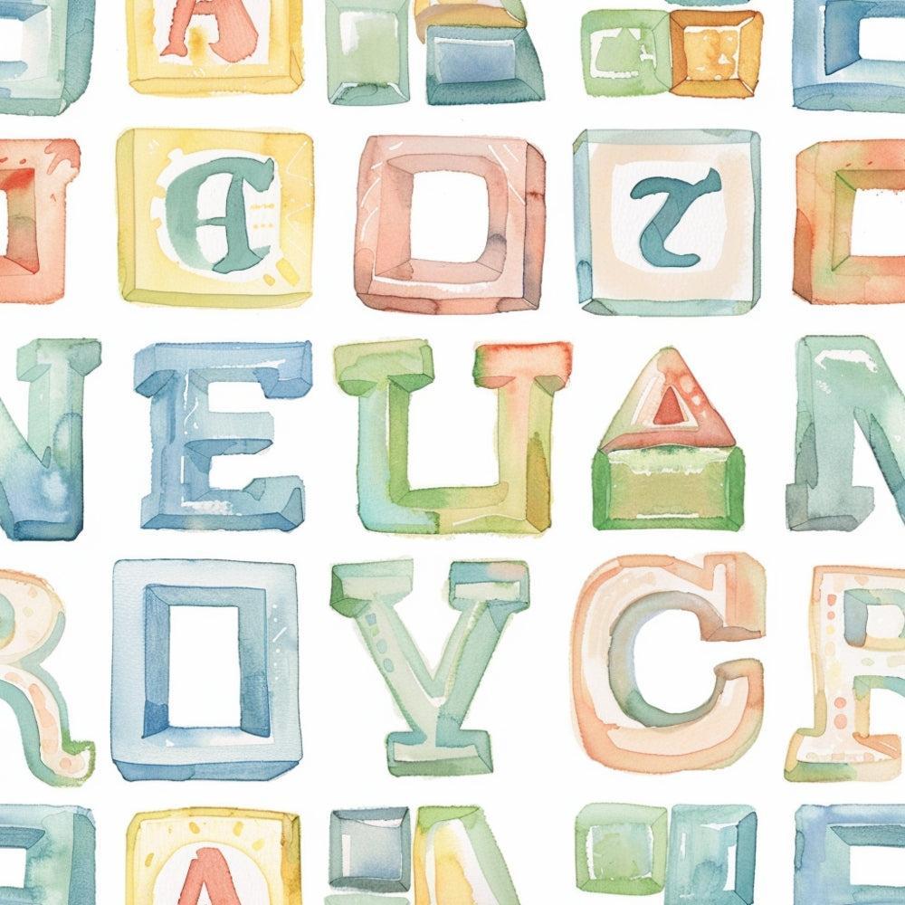 - Watercolor Baby Pattern 15 Quilting Cotton Fabric  
- pastel colors  
- soft greens  
- light blues  
- gentle oranges  
- creamy yellows  
- alphabet blocks  
- childlike design  
- playful letters  
- nursery theme  
- cotton textile  
- quilting material