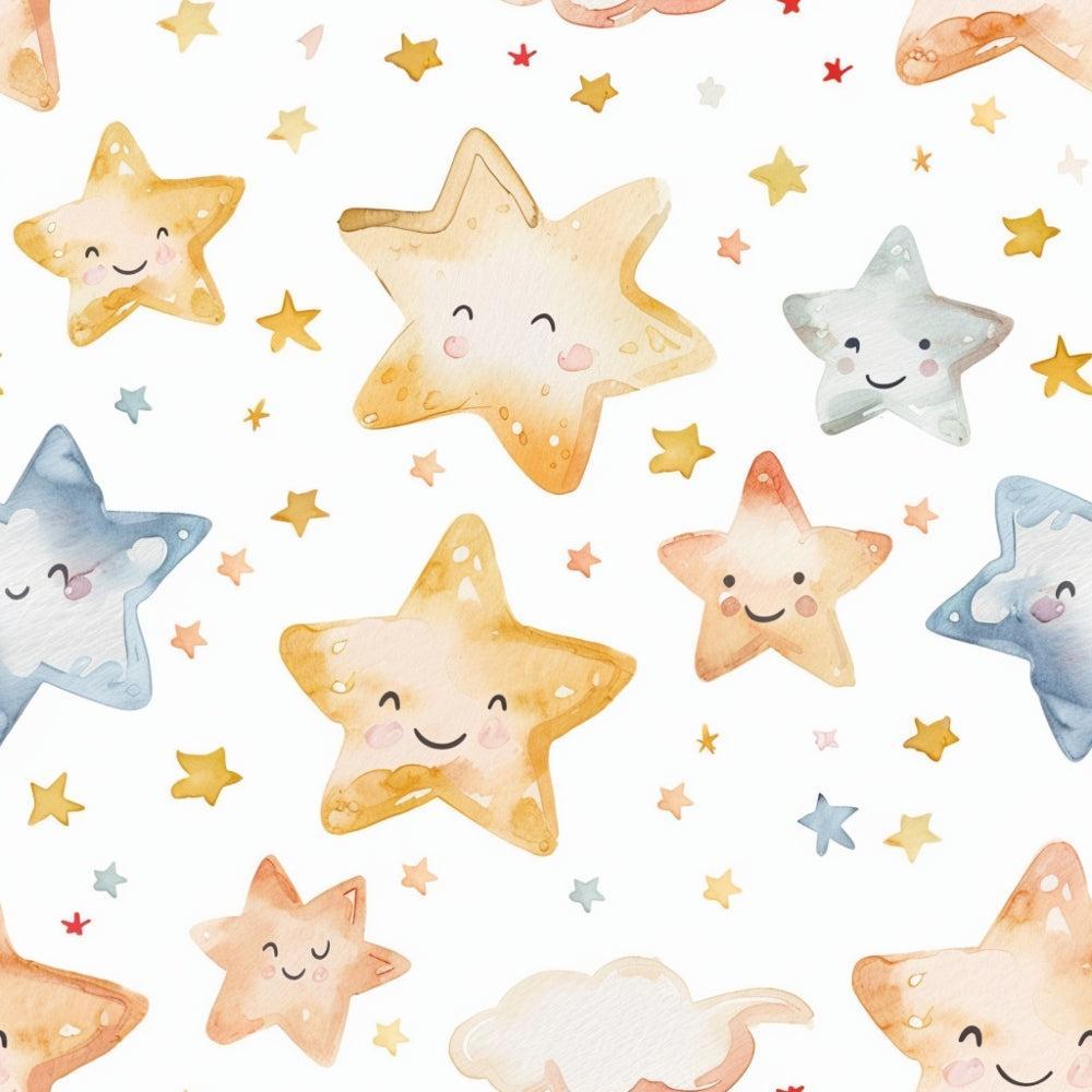 - Watercolor Baby Pattern 23 Quilting Cotton Fabric  
- smiling stars  
- pastel colors  
- yellow, orange, blue, gray  
- cute faces  
- children's fabric  
- nursery theme  
- soft texture  
- cotton material  
- quilting fabric  
- playful design  
- whimsical shapes