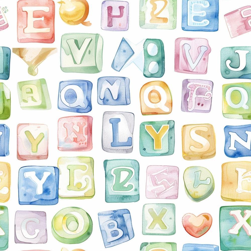 - Watercolor Baby Pattern 24 Quilting Cotton Fabric  
- pastel colors  
- baby blocks  
- alphabet letters  
- soft hues  
- playful design  
- nursery theme  
- children's fabric  
- cotton textile  
- quilting material  
- multicolor squares  
- light pink, blue, green, yellow  
- artistic brush strokes  
- gentle pattern