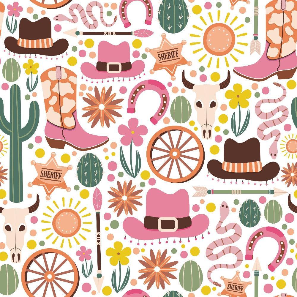 - Western Cowgirl Pattern 1 Quilting Cotton Fabric
- cowgirl hats 
- cowboy boots 
- sheriff badges 
- horseshoes 
- cactus 
- wagon wheels 
- bull skulls 
- arrows 
- snakes 
- sun motifs 
- flowers 
- pink, brown, orange, yellow, green colors 
- quilting fabric 
- cotton textile