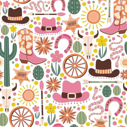 - Western Cowgirl Pattern 1 Quilting Cotton Fabric
- cowgirl hats 
- cowboy boots 
- sheriff badges 
- horseshoes 
- cactus 
- wagon wheels 
- bull skulls 
- arrows 
- snakes 
- sun motifs 
- flowers 
- pink, brown, orange, yellow, green colors 
- quilting fabric 
- cotton textile