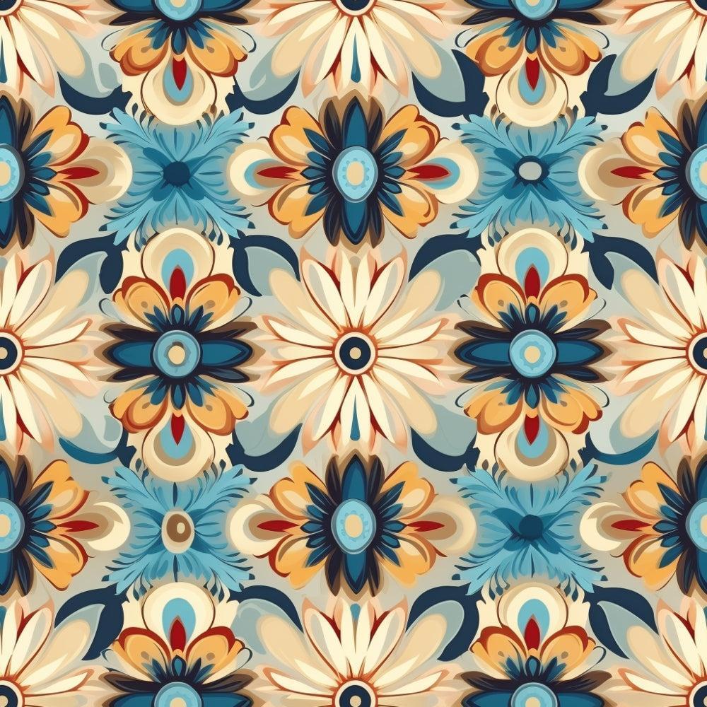- Colorful Boho Pattern 2 Quilting Cotton Fabric  
- Floral motifs  
- Bohemian style  
- Soft beige, cream, blue, navy, and orange hues  
- Cotton textile  
- Quilting material  
- Repeating design  
- Decorative symmetrical shapes  
- Vintage-inspired  
- Textile yardage